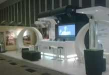 Expo stand with bar and TV monitor